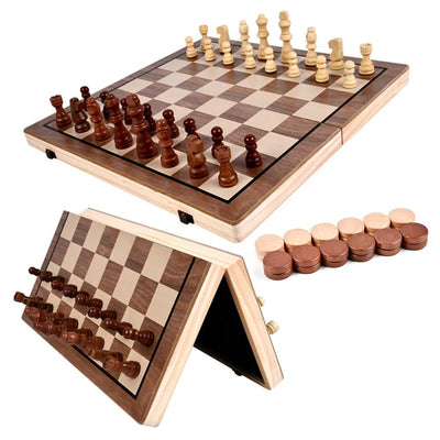 Jeu d'échecs et de dames classique en bois de qualité supérieure - Jeu d'échecs et de dames magnétique en bois 2 en 1