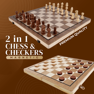 Jeu d'échecs et de dames classique en bois de qualité supérieure - Jeu d'échecs et de dames magnétique en bois 2 en 1