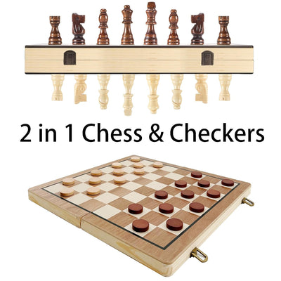 Jeu d'échecs et de dames classique en bois de qualité supérieure - Jeu d'échecs et de dames magnétique en bois 2 en 1
