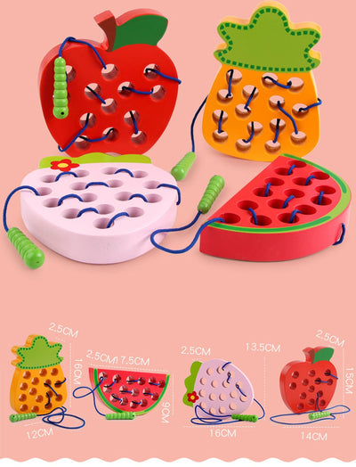 Fidtoy Montessori Wooden Fruit Threading Toy for Toddlers 1–4 Years – Apple, Strawberry & More
