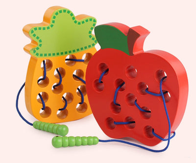 Fidtoy Montessori Wooden Fruit Threading Toy for Toddlers 1–4 Years – Apple, Strawberry & More