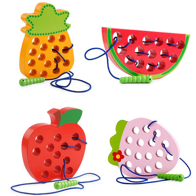 Fidtoy Montessori Wooden Fruit Threading Toy for Toddlers 1–4 Years – Apple, Strawberry & More
