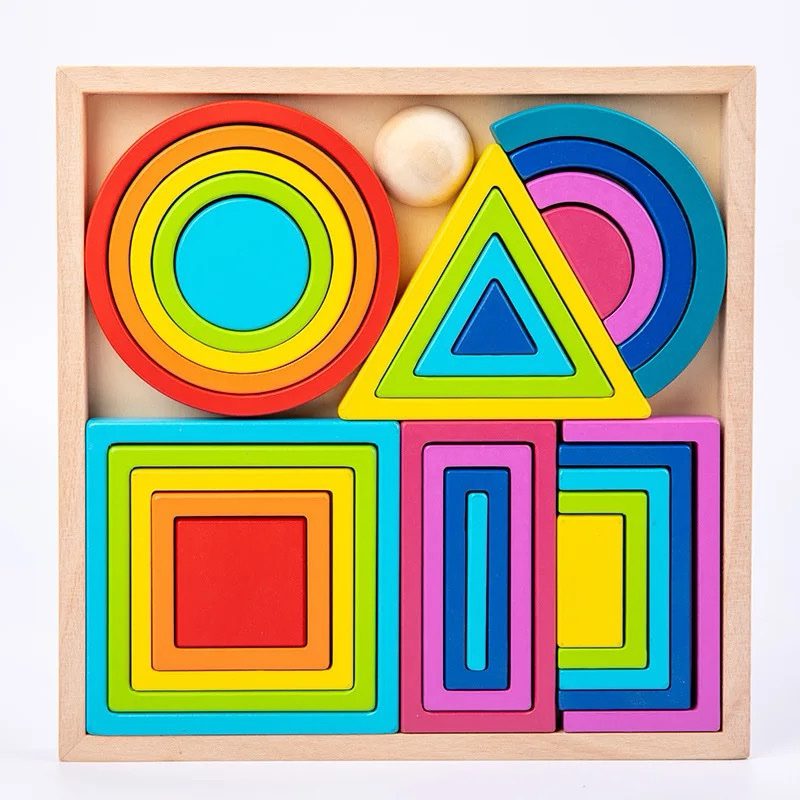 Rainbow Stacking and Nesting Wooden Blocks – Montessori-Inspired Shape Sorting Toy for Toddlers
