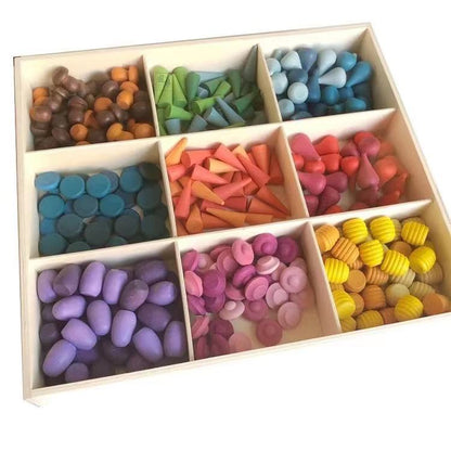 Rainbow Wooden Loose Parts with Tray - Open ended wooden toys