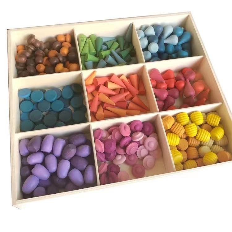 Rainbow Wooden Loose Parts with Tray - Open ended wooden toys