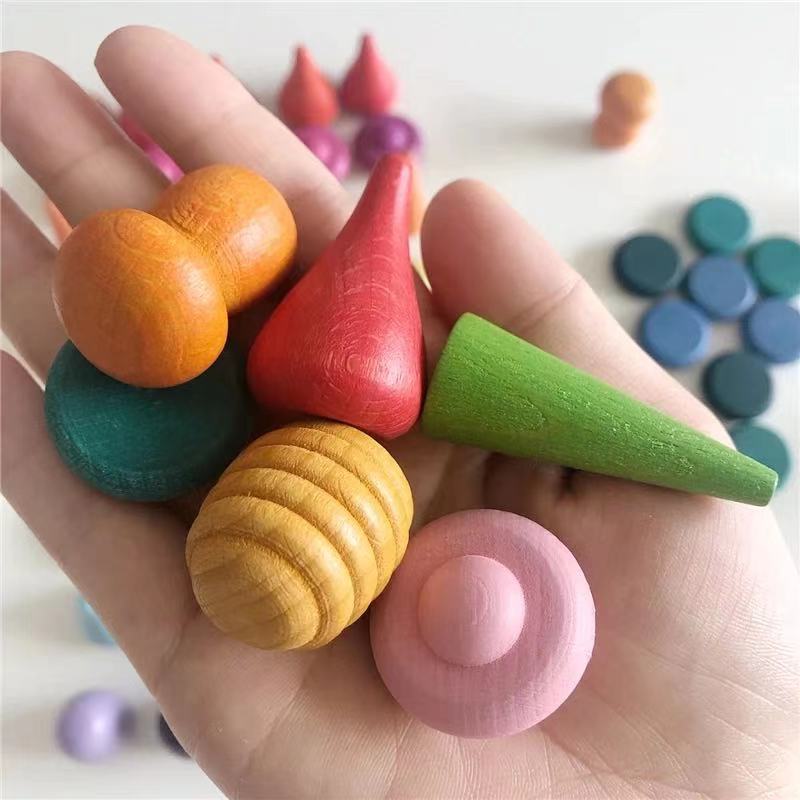 Rainbow Wooden Loose Parts with Tray - Open ended wooden toys