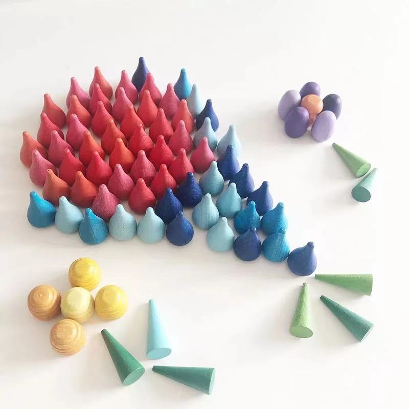 Rainbow Wooden Loose Parts with Tray - Open ended wooden toys