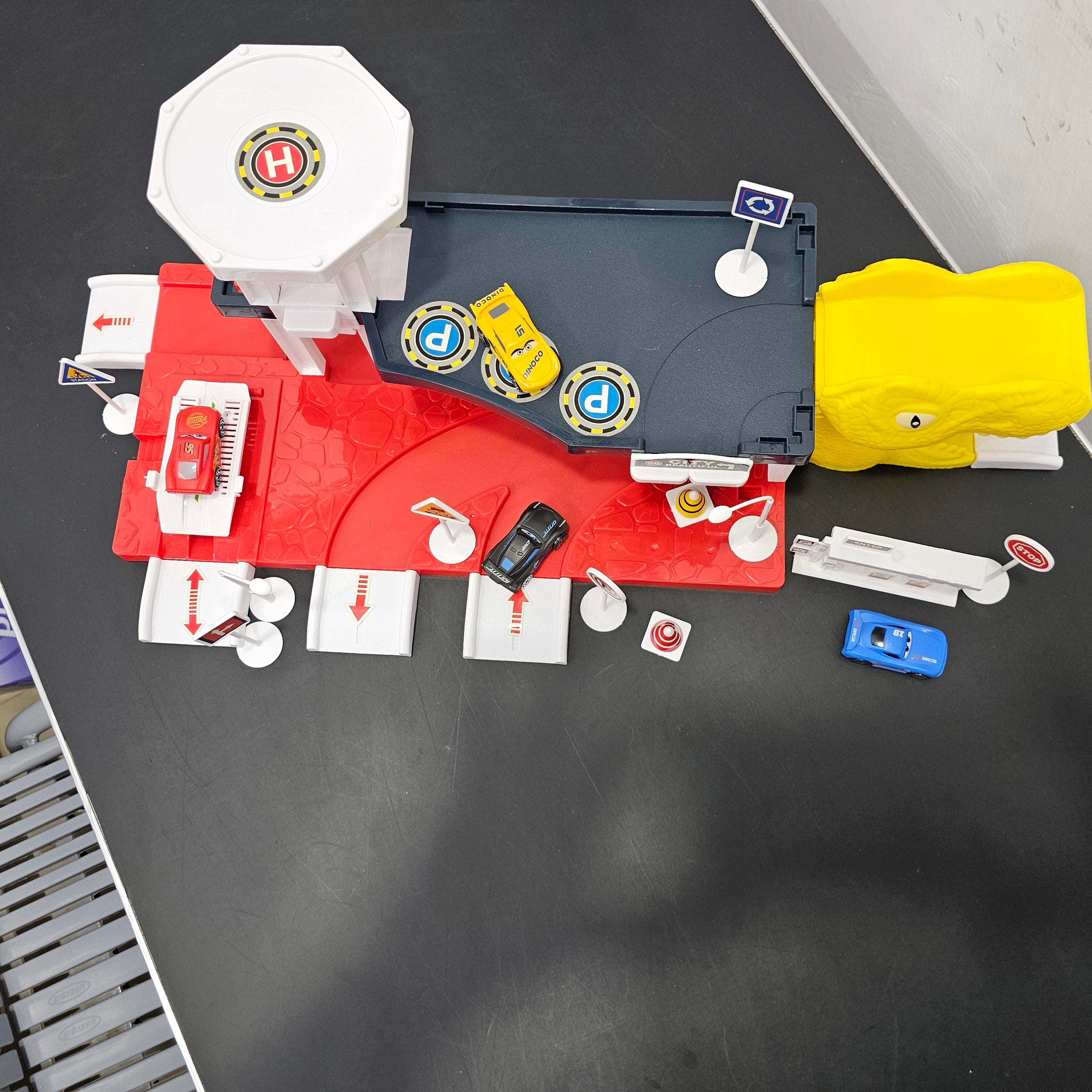 Driven to Win – Cars Parking Lot Playset with 4 Cars, Gas Station & Service Station | Bacha Toys