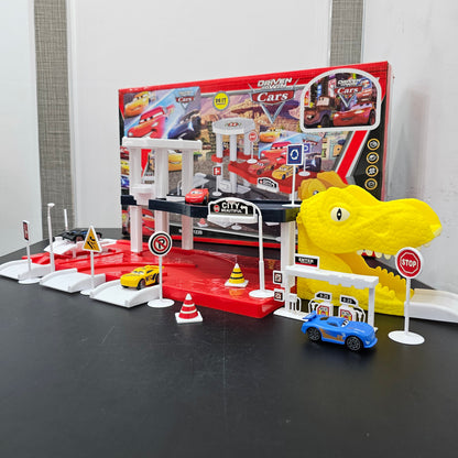Driven to Win – Cars Parking Lot Playset with 4 Cars, Gas Station & Service Station | Bacha Toys
