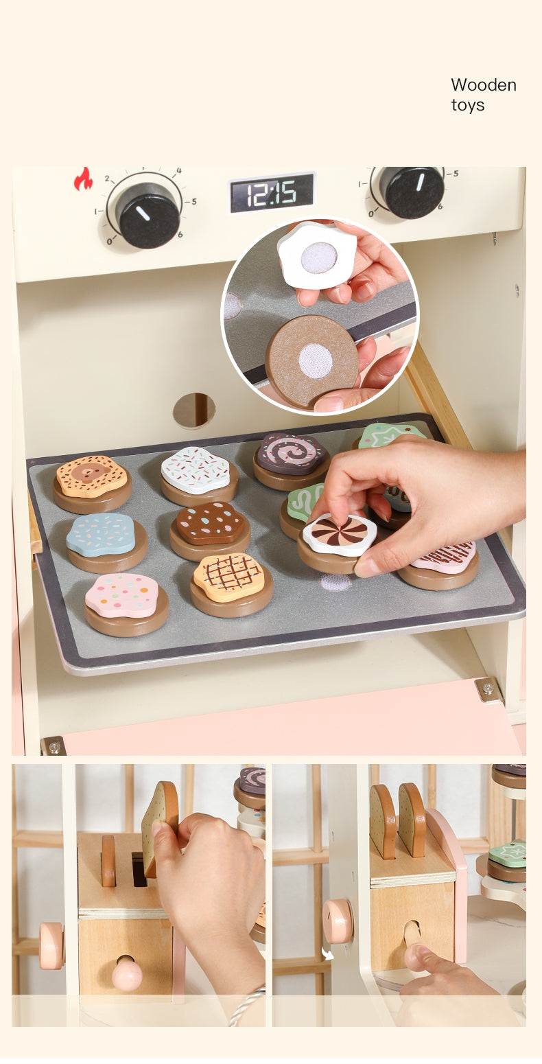 Premium Wooden Pretend Play Kitchen Set with Washer, Coffee Maker, Toaster & Dessert Tray – Montessori Role Play Cooking Set (No Real Water)