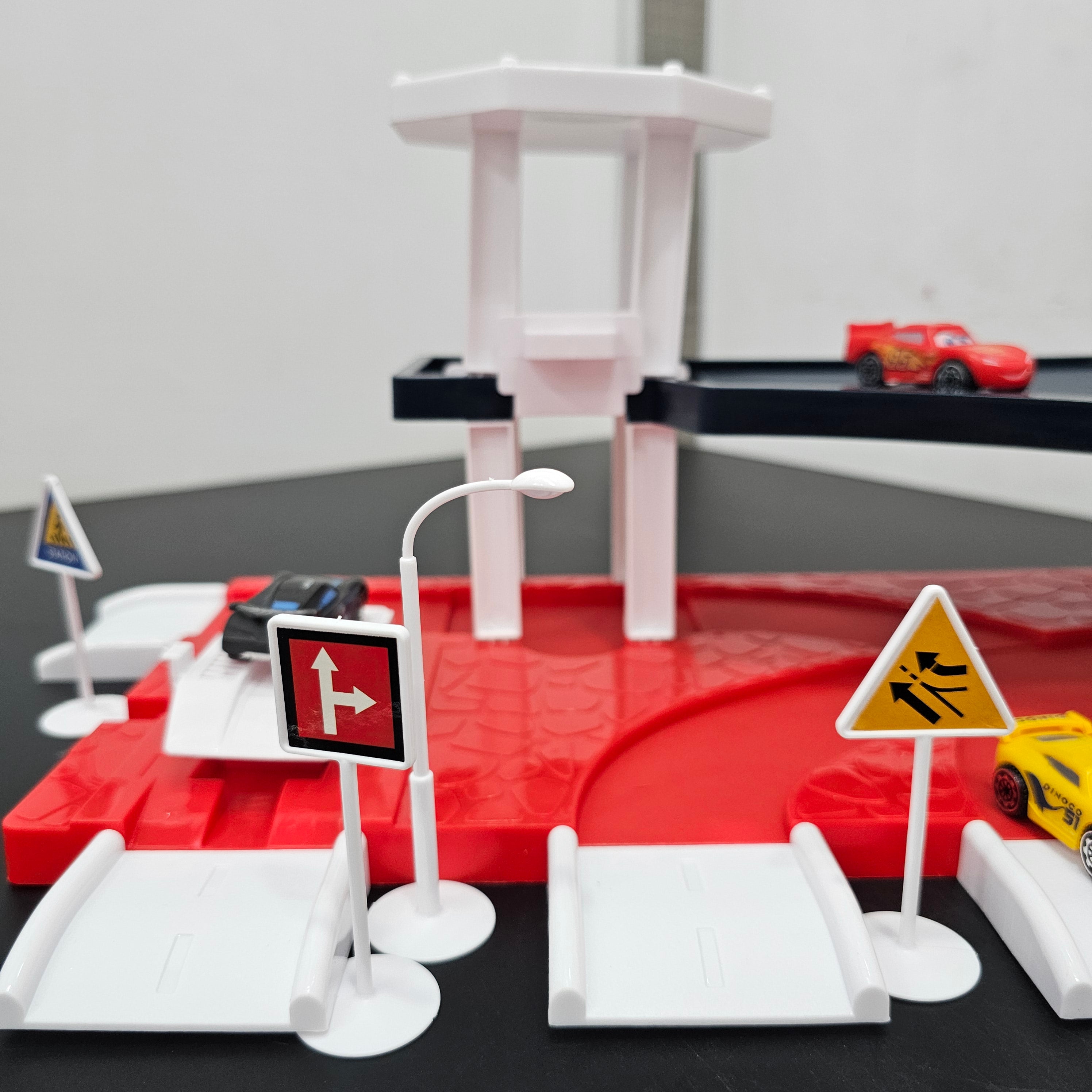 Driven to Win – Cars Parking Lot Playset with 4 Cars, Gas Station & Service Station | Bacha Toys