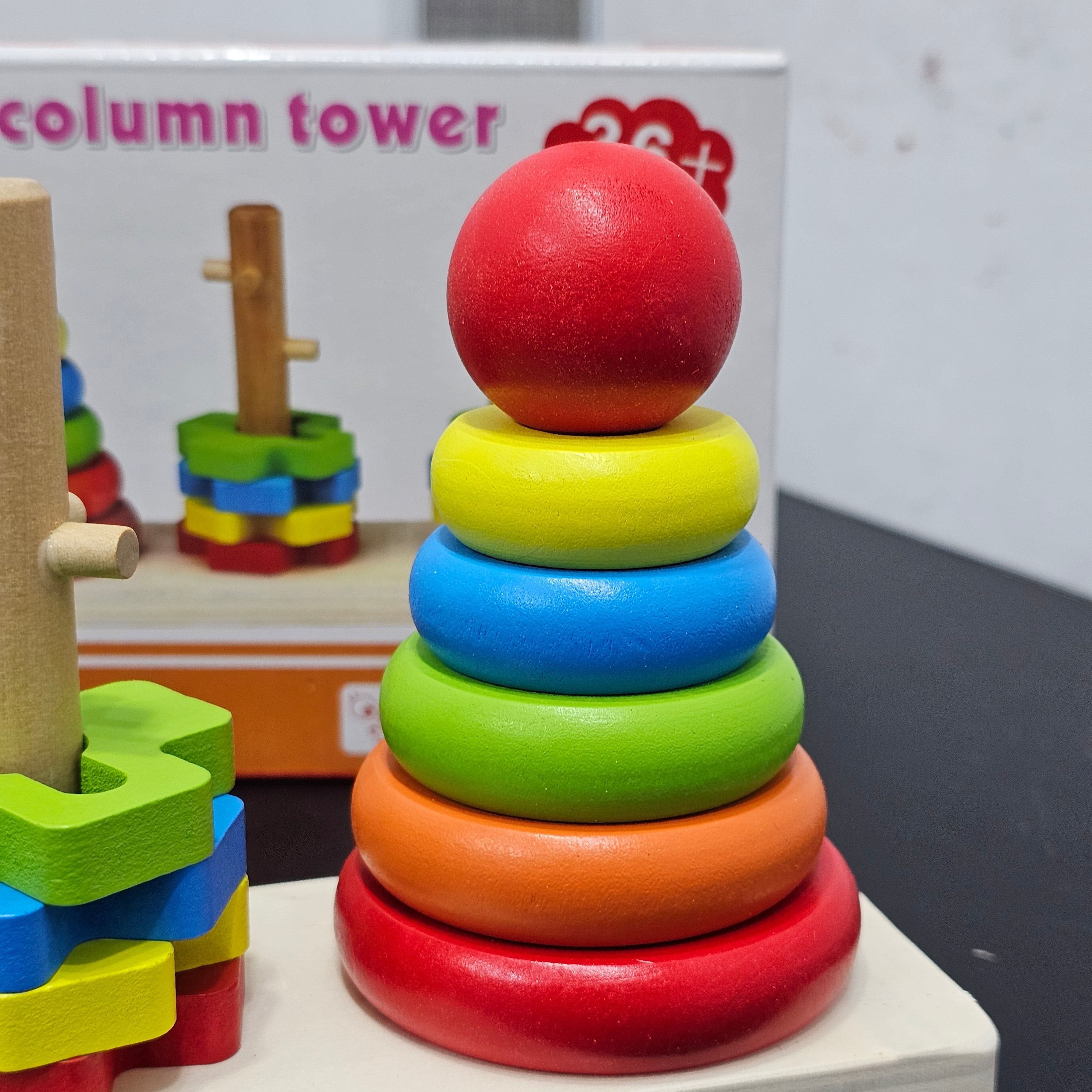 Rainbow Three Column Tower – Montessori Wooden Stacking Toy | Bacha Toys