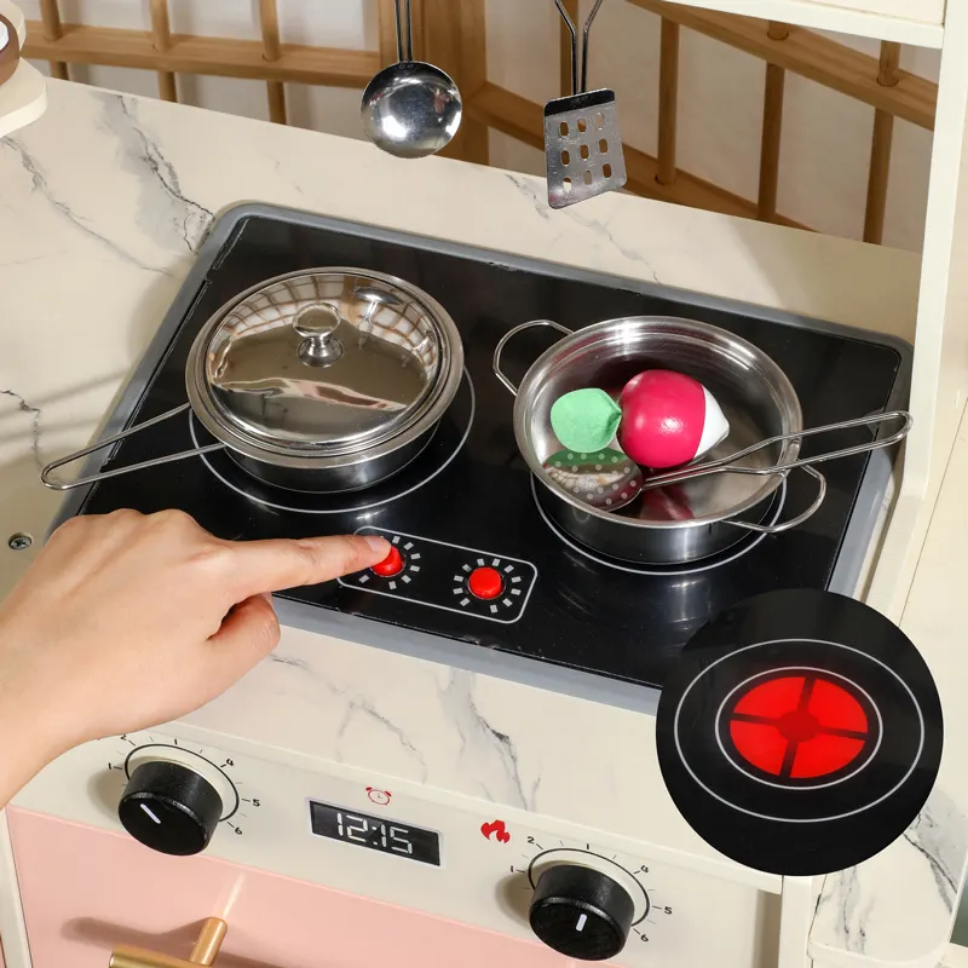 Premium Wooden Pretend Play Kitchen Set with Washer, Coffee Maker, Toaster & Dessert Tray – Montessori Role Play Cooking Set (No Real Water)