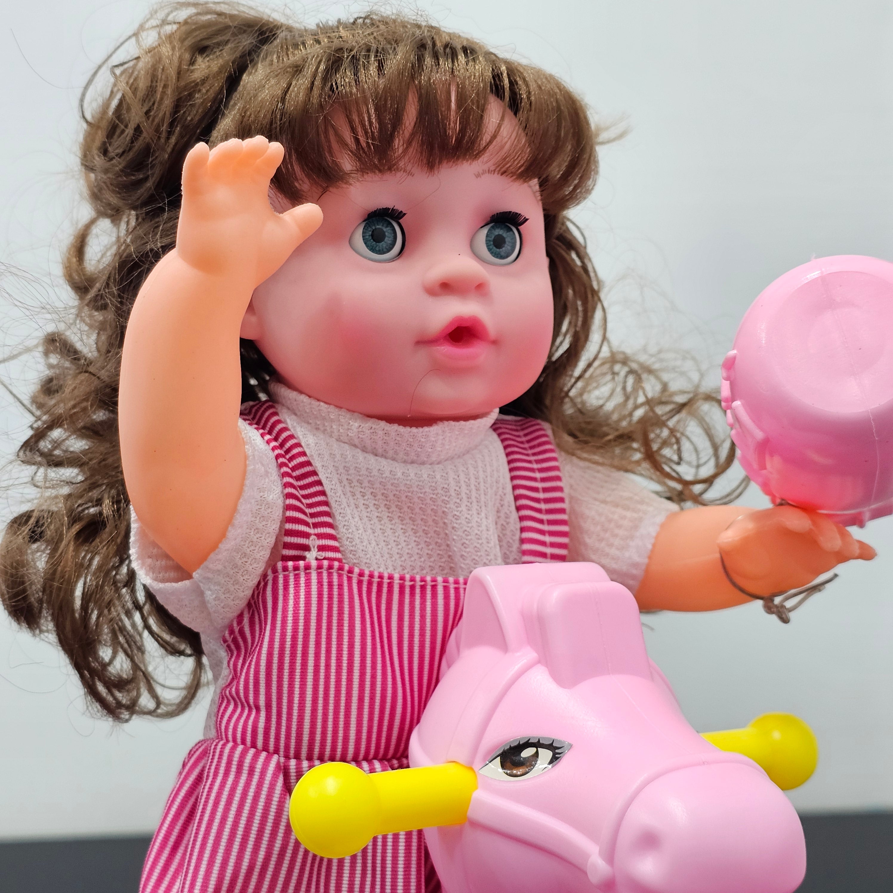 Cute Fun Doll with Rocking Horse – 12 Sounds, Drinking Bottle, Flexible Hands & Interactive Play | Bacha Toys