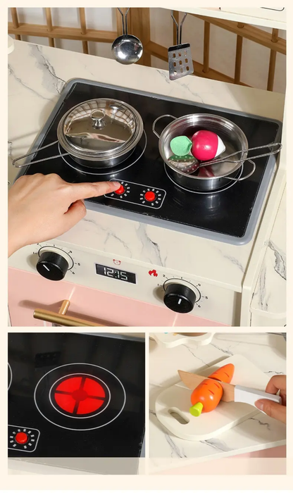 Premium Wooden Pretend Play Kitchen Set with Washer, Coffee Maker, Toaster & Dessert Tray – Montessori Role Play Cooking Set (No Real Water)