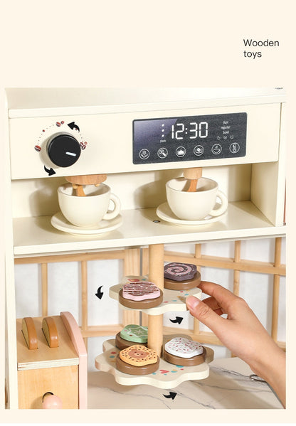 Premium Wooden Pretend Play Kitchen Set with Washer, Coffee Maker, Toaster & Dessert Tray – Montessori Role Play Cooking Set (No Real Water)