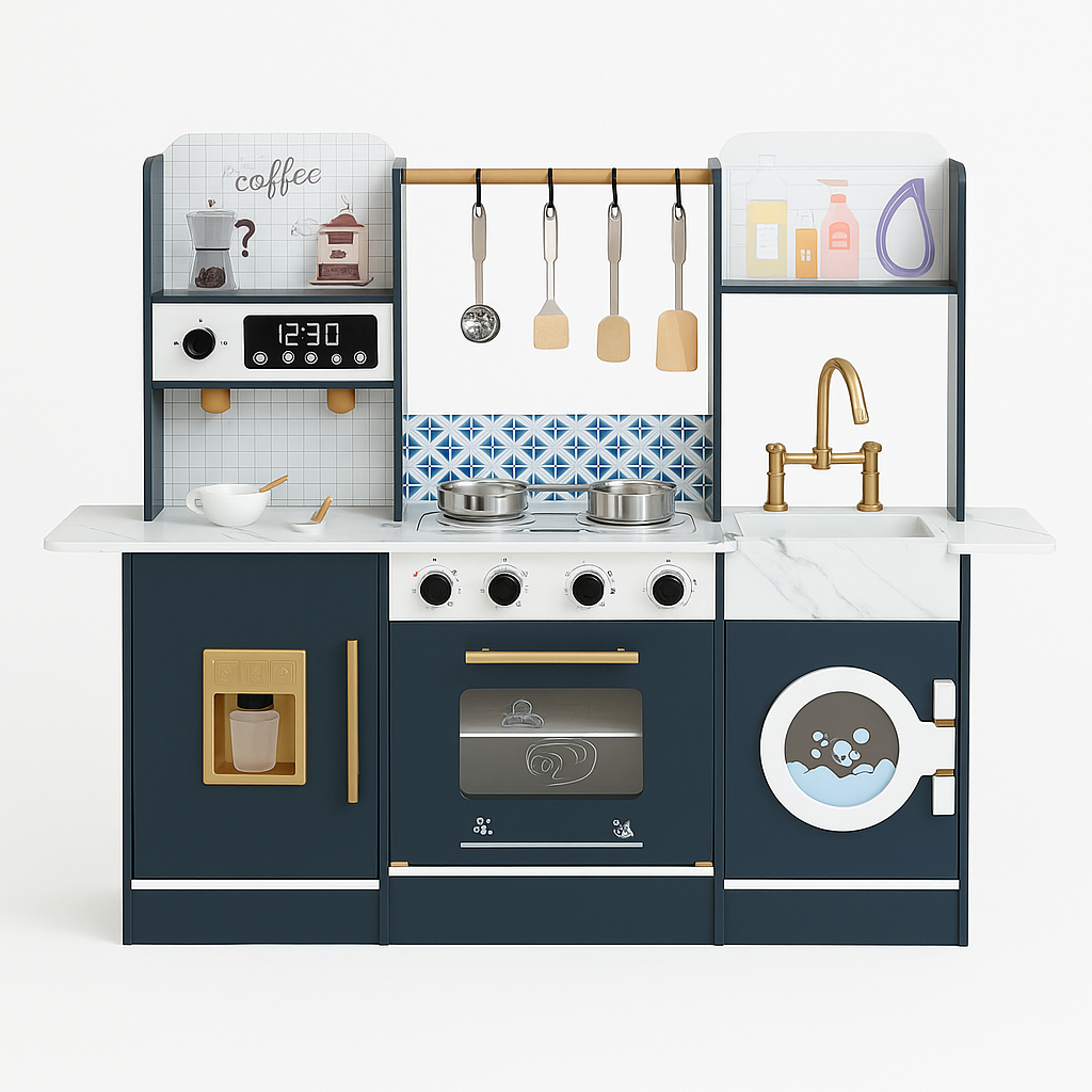 Wooden Pretend Play Kitchen Set with Coffee Maker, Oven & Washing Machine – 120 cm Large Montessori Playset for Kids