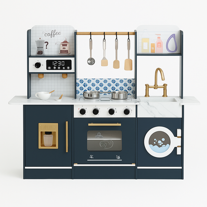 Wooden Pretend Play Kitchen Set with Coffee Maker, Oven & Washing Machine – 120 cm Large Montessori Playset for Kids
