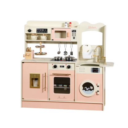 Premium Wooden Pretend Play Kitchen Set with Washer, Coffee Maker, Toaster & Dessert Tray – Montessori Role Play Cooking Set (No Real Water)