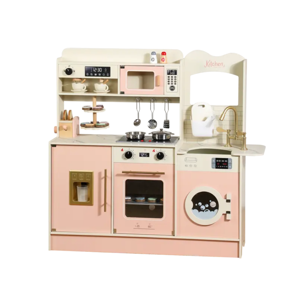 Premium Wooden Pretend Play Kitchen Set with Washer, Coffee Maker, Toaster & Dessert Tray – Montessori Role Play Cooking Set (No Real Water)