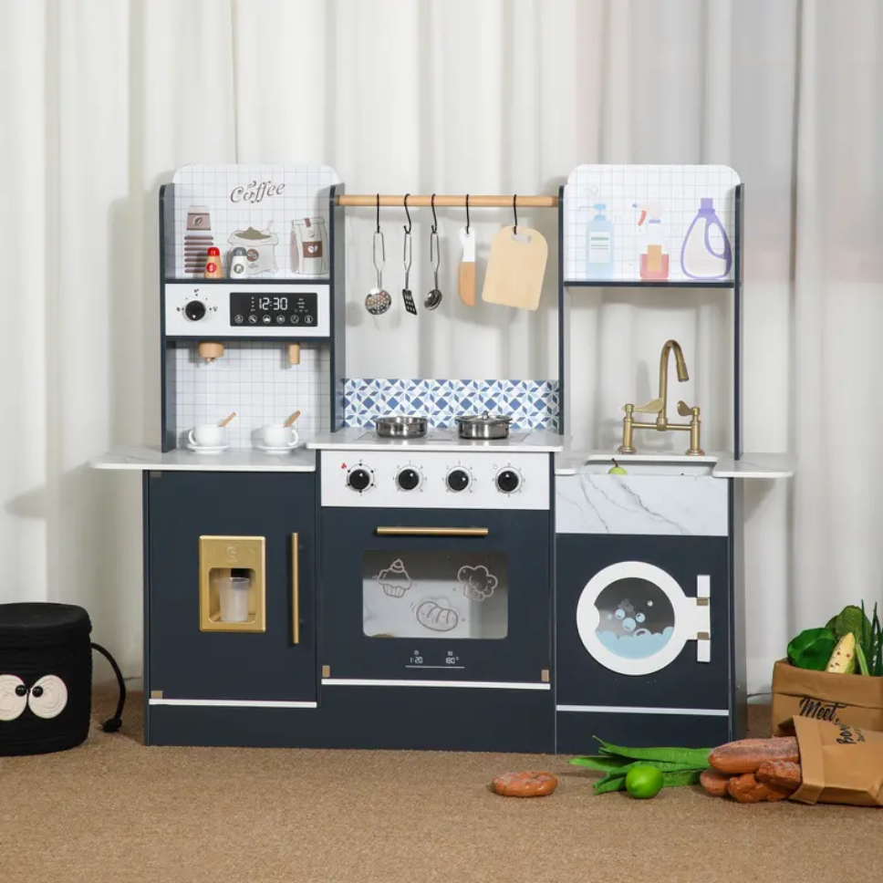 Wooden Pretend Play Kitchen Set with Coffee Maker, Oven & Washing Machine – 120 cm Large Montessori Playset for Kids