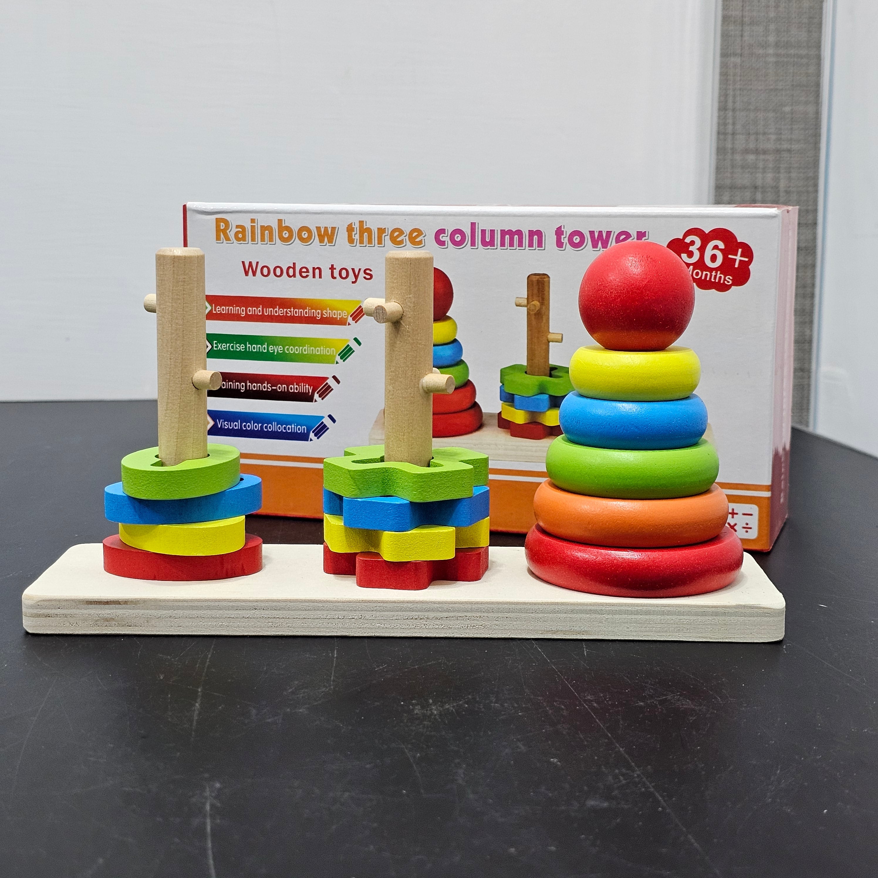 Rainbow Three Column Tower – Montessori Wooden Stacking Toy | Bacha Toys
