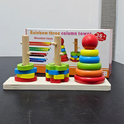 Rainbow Three Column Tower – Montessori Wooden Stacking Toy | Bacha Toys