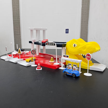 Driven to Win – Cars Parking Lot Playset with 4 Cars, Gas Station & Service Station | Bacha Toys