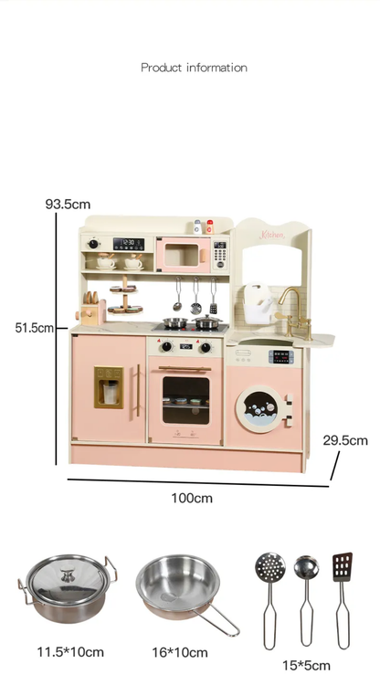 Premium Wooden Pretend Play Kitchen Set with Washer, Coffee Maker, Toaster & Dessert Tray – Montessori Role Play Cooking Set (No Real Water)