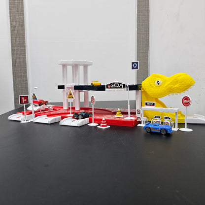 Driven to Win – Cars Parking Lot Playset with 4 Cars, Gas Station & Service Station | Bacha Toys