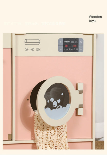 Premium Wooden Pretend Play Kitchen Set with Washer, Coffee Maker, Toaster & Dessert Tray – Montessori Role Play Cooking Set (No Real Water)