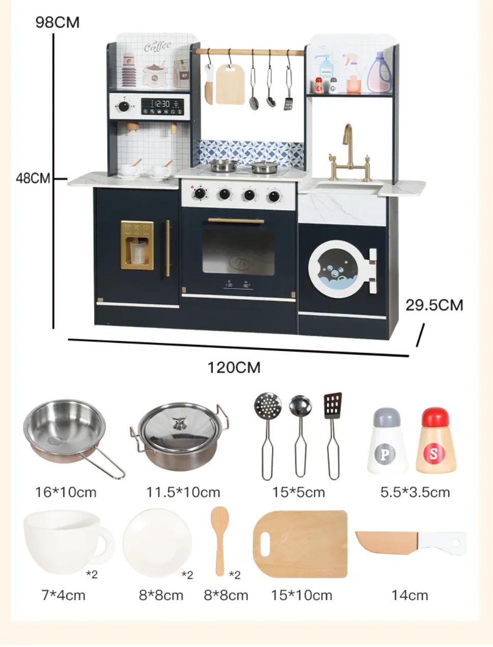 Wooden Pretend Play Kitchen Set with Coffee Maker, Oven & Washing Machine – 120 cm Large Montessori Playset for Kids