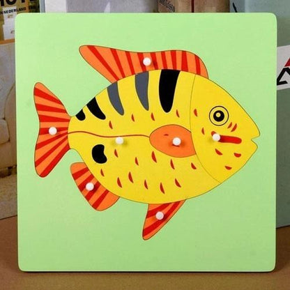 Montessori  Animal Puzzles Turtle Bird Frog Horse Fish Rooster Ladybug Butterfly Wooden Educational Preschool Kindergarten Toy