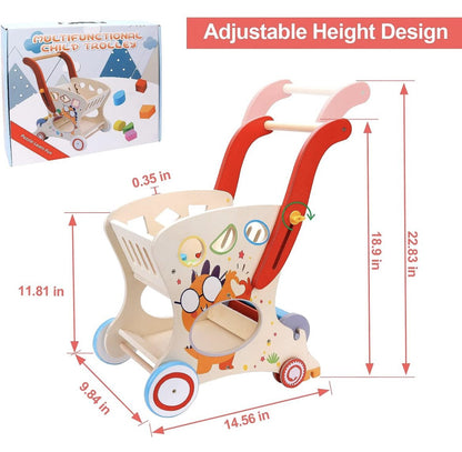 Wooden Multifunctional Shopping Cart – Pretend Play, Shape Sorting and Toy Storage for Toddlers and Preschoolers