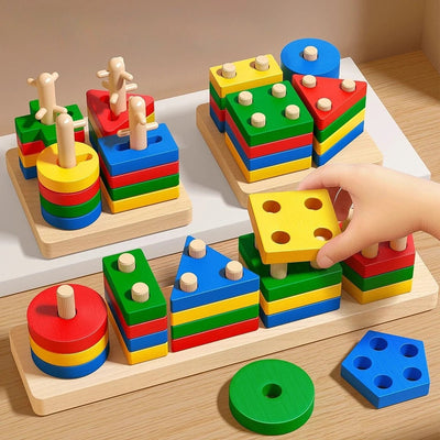 Torre apilable de formas – Juguete de madera de 5 formas y 4 capas para el desarrollo cerebral
