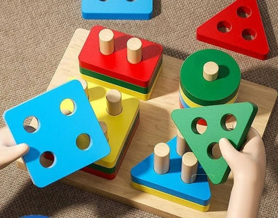 Torre apilable de formas – Juguete de madera de 5 formas y 4 capas para el desarrollo cerebral