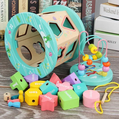 Boîte de perles d'intelligence à six côtés, grand jouet éducatif en bois multifonctionnel pour enfants, boîte au trésor à grosses perles rondes pour le développement parent-enfant