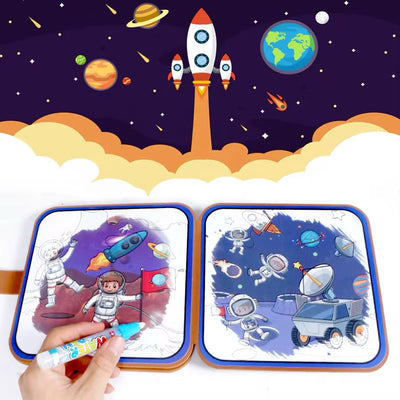 Libro de actividades con pegatinas y pintura mágica con agua – Temas de zoológico y espacio | Reutilizable: revela imágenes con agua y juego interactivo con pegatinas