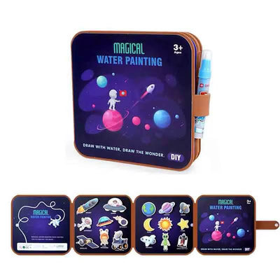 Libro de actividades con pegatinas y pintura mágica con agua – Temas de zoológico y espacio | Reutilizable: revela imágenes con agua y juego interactivo con pegatinas