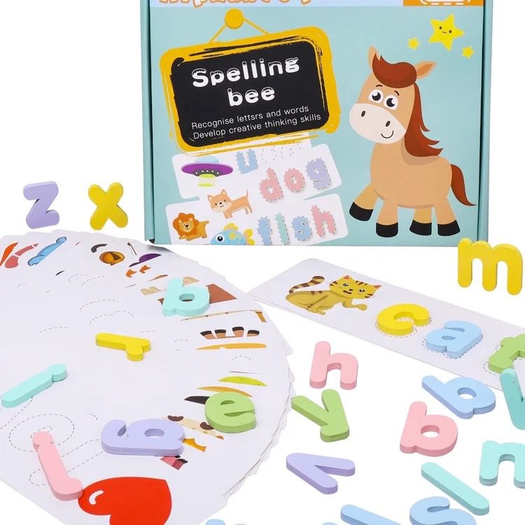 Spelling Game with Movable Wooden Letters and Flashcards – Early Literacy and Word Building Activity for Kids