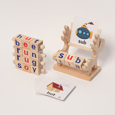 Fidtoy Montessori Spin and Spell Toy for Kids – Wooden Spelling Game for Early Reading Learning