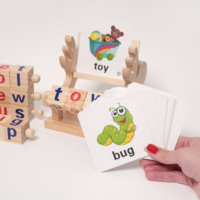 Fidtoy Montessori Spin and Spell Toy for Kids – Wooden Spelling Game for Early Reading Learning