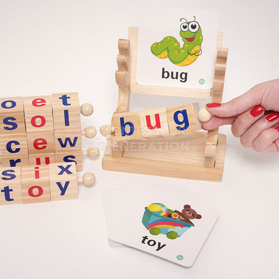 Fidtoy Montessori Spin and Spell Toy for Kids – Wooden Spelling Game for Early Reading Learning