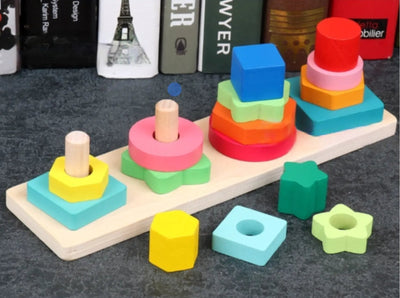 Torre de cuatro columnas cuadrada | Material educativo de madera Montessori para bebés, juguete para niños de aprendizaje temprano, juguete de tabla de combinación para bebés