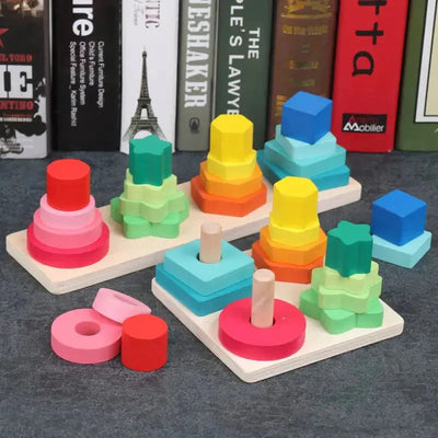 Torre de cuatro columnas cuadrada | Material educativo de madera Montessori para bebés, juguete para niños de aprendizaje temprano, juguete de tabla de combinación para bebés