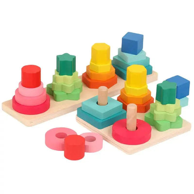 Torre de cuatro columnas cuadrada | Material educativo de madera Montessori para bebés, juguete para niños de aprendizaje temprano, juguete de tabla de combinación para bebés