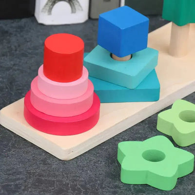 Torre de cuatro columnas cuadrada | Material educativo de madera Montessori para bebés, juguete para niños de aprendizaje temprano, juguete de tabla de combinación para bebés