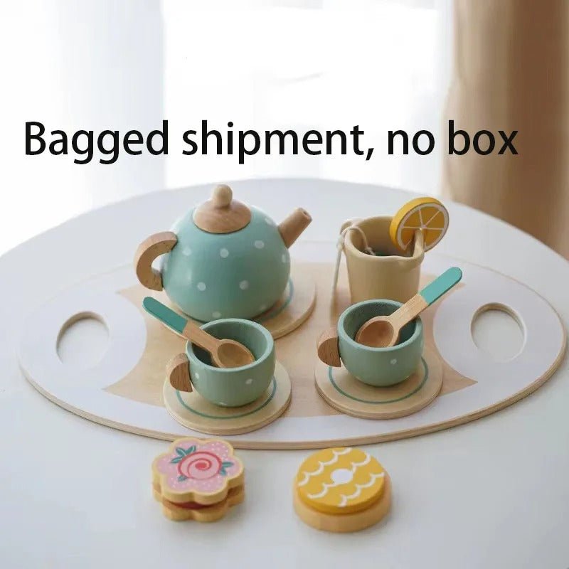 Tea Party Tableware Wooden Handicraft Toy Kitchen Pretend Play Set for Toddlers Kids