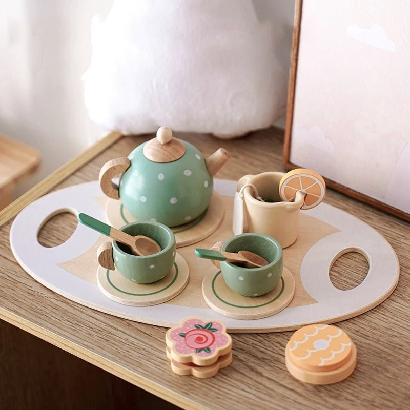 Tea Party Tableware Wooden Handicraft Toy Kitchen Pretend Play Set for Toddlers Kids