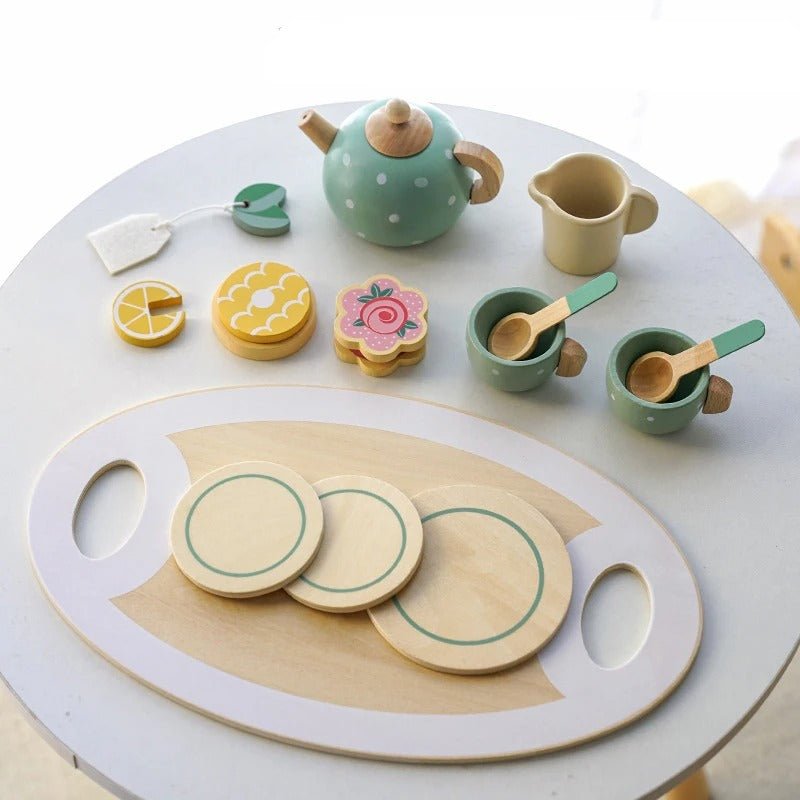 Tea Party Tableware Wooden Handicraft Toy Kitchen Pretend Play Set for Toddlers Kids